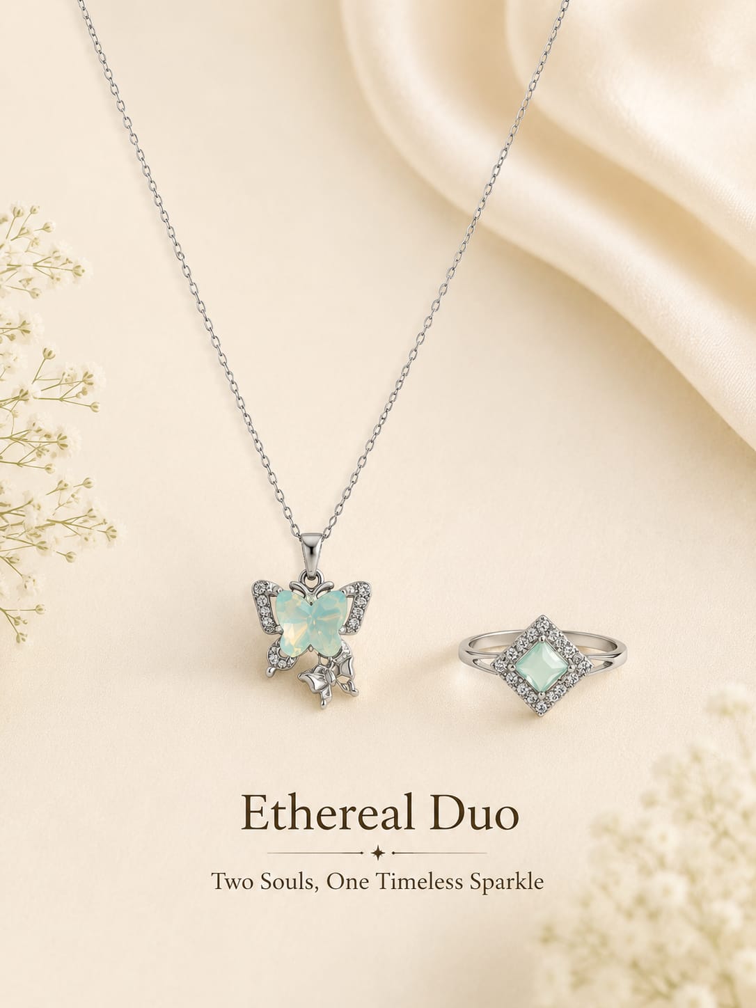 Ethereal Duo Butterfly Pendant & Crystal Ring Set | Elegant Silver Jewelry Set for Women