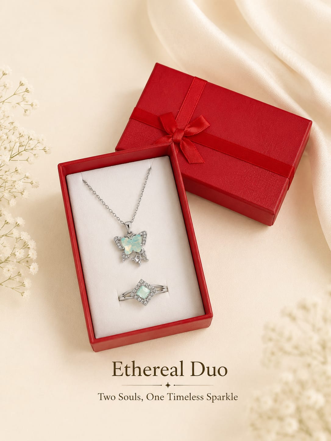 Ethereal Duo Butterfly Pendant & Crystal Ring Set | Elegant Silver Jewelry Set for Women - Image 2
