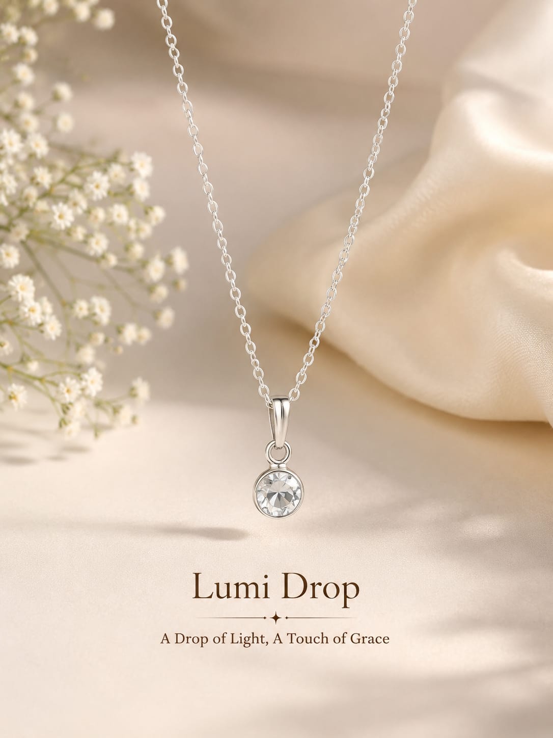 Lumi Drop Solitaire Crystal Pendant Necklace | Minimalist Silver-Tone Necklace for Women