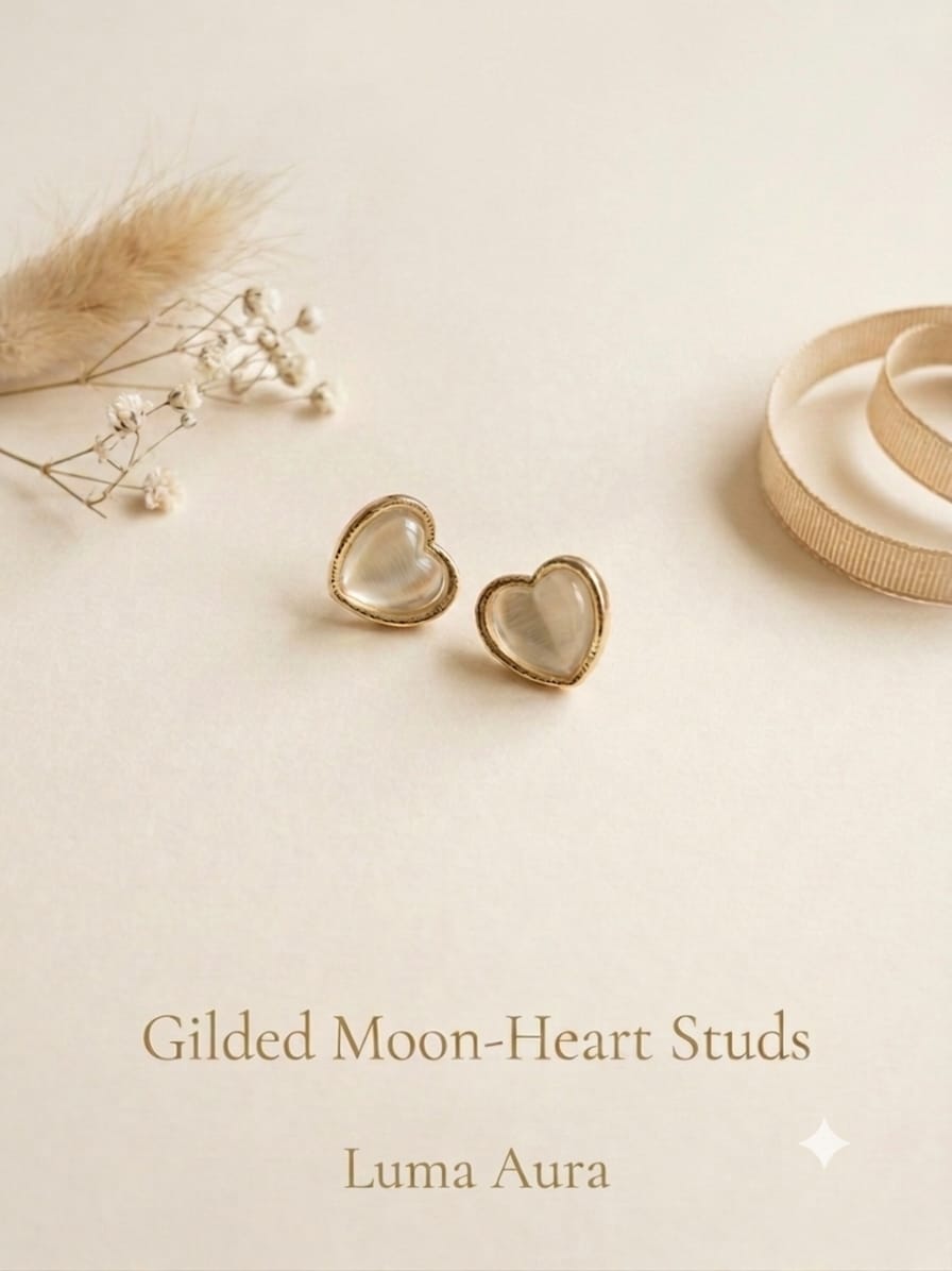 Gilded Moon-Heart Stud Earrings | Elegant Gold-Plated Heart & Crescent Moon Earrings for Women