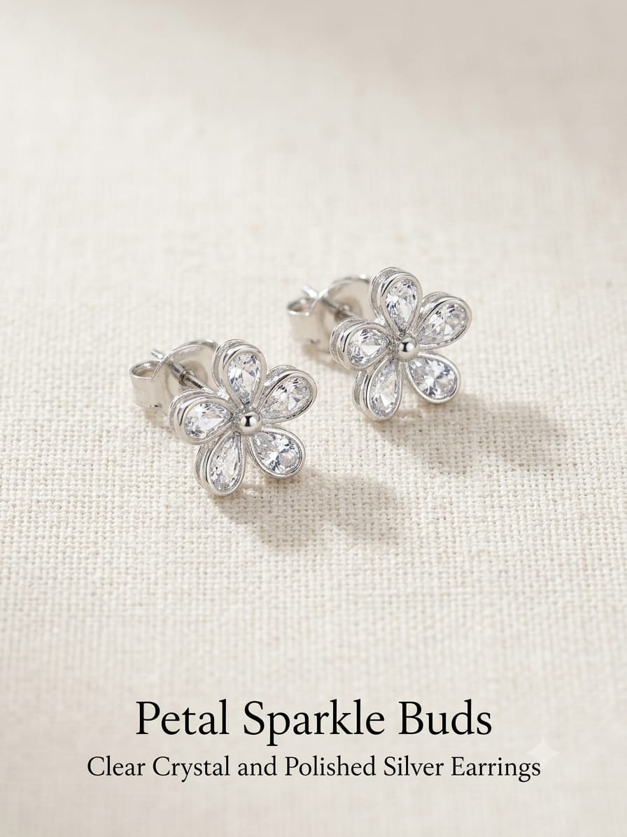 Petal Sparkle Buds Crystal Stud Earrings | Floral Silver-Tone Earrings for Women