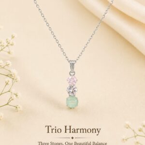Trio Harmony Three-Stone Crystal Pendant Necklace | Pastel Gemstone Silver Necklace for Women