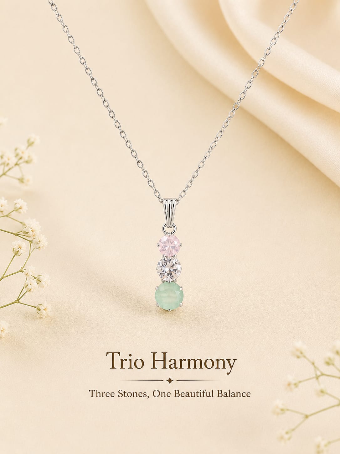 Trio Harmony Three-Stone Crystal Pendant Necklace | Pastel Gemstone Silver Necklace for Women